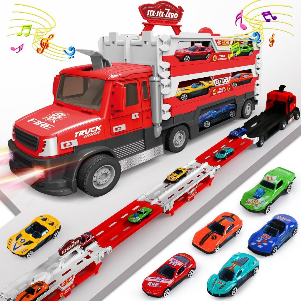 Brinquedo Motor De Bombeiros Pistas Catapulta De Corrida Kit Infantis Grande Carrinho Com 6 Carros E Com Luzes E MúSica