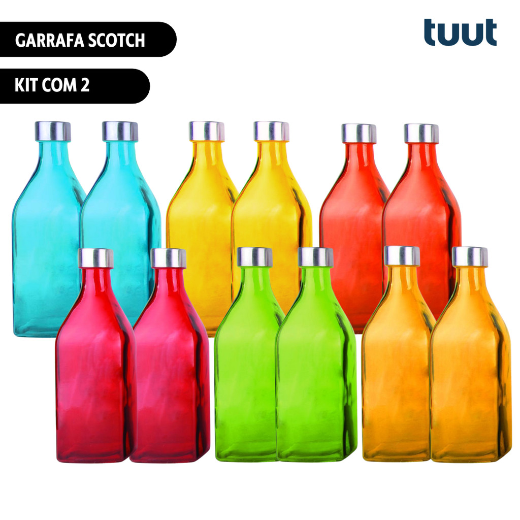 Kit c/2 Unid Garrafa de Vidro Scotch 1 Litro Color Água Suco Iogurte ...