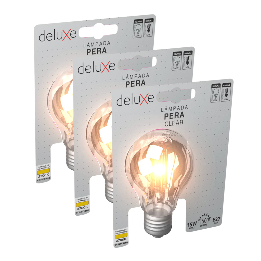 Kit 3 Lampada Led Pera Filamento Clear 15W 2700k E27 Deluxe