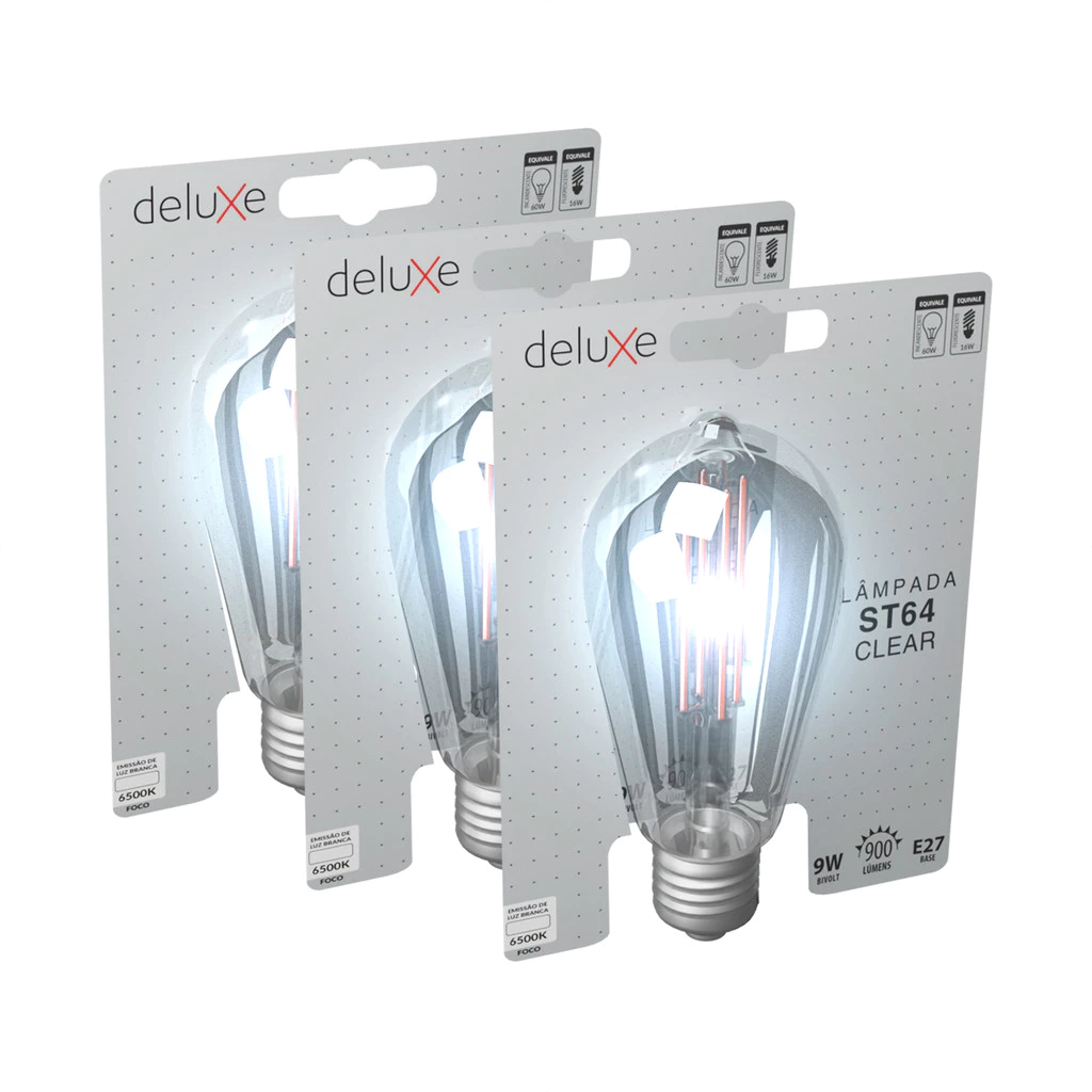 Kit 3 Lampadas Led ST64 Clear 9w 6500k Branco Frio E27 110v/220v Ip20 Cod: 352211370-3 Deluxe By Avant