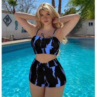 Biquíni Europeu Americano de Moda Fato de banho de duas peças Set /Split High Waist Boxer Lace-Up Impresso Fato de banho Sexy