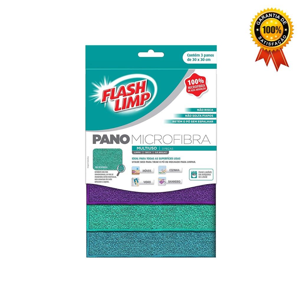 Pano Microfibra Multiuso 3 Peças Azul/Verde/Roxo Flash Limp FLP6742 Lavável Não Risca