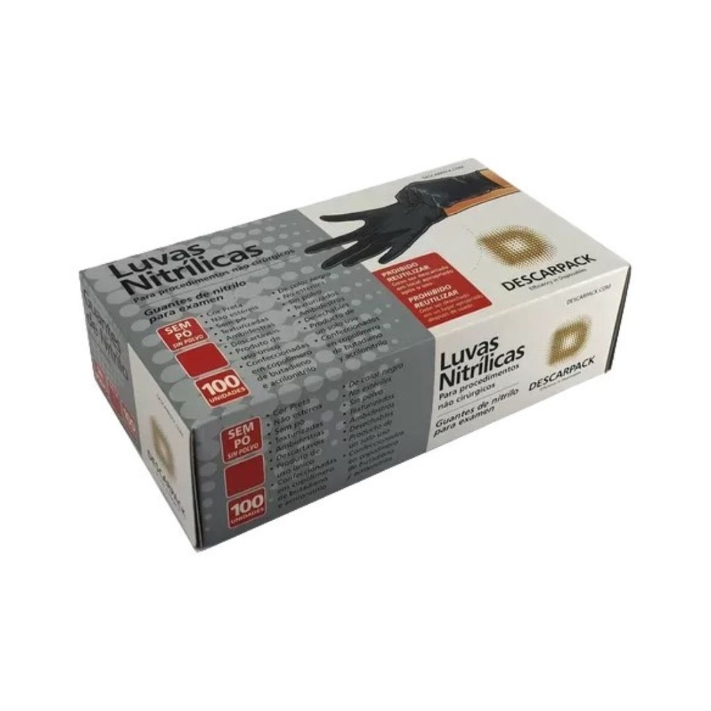 Luva Nitrílica Preta Sem Pó Descarpack – 100 unidades