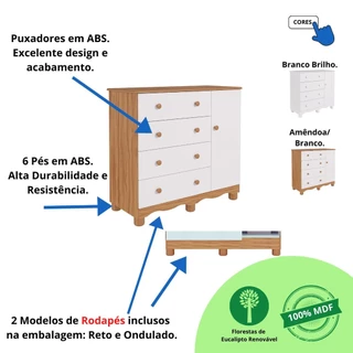 Quarto de Bebê Completo Guarda Roupa 4 Portas Cômoda 1 Porta 3 Gavetas 100% MDF Junior