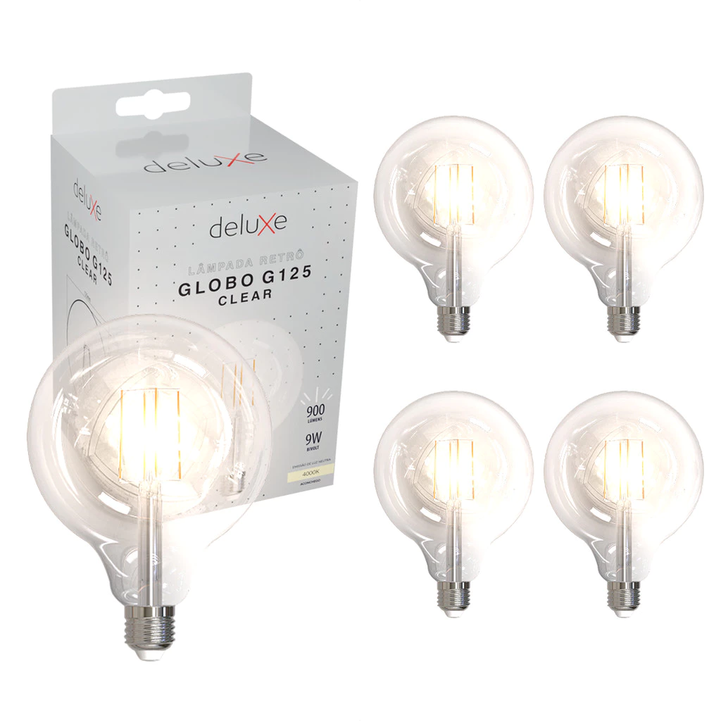Kit 5 Lâmpada de Led Globo Retro Clear G125 9W E27 4000k Bivolt Luz Branco Neutro