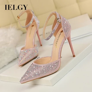 IELGY Coreano Doce Salto Alto stiletto Apontou toe Recorte Cinta Espumante Strass Sandálias Femininas Presente