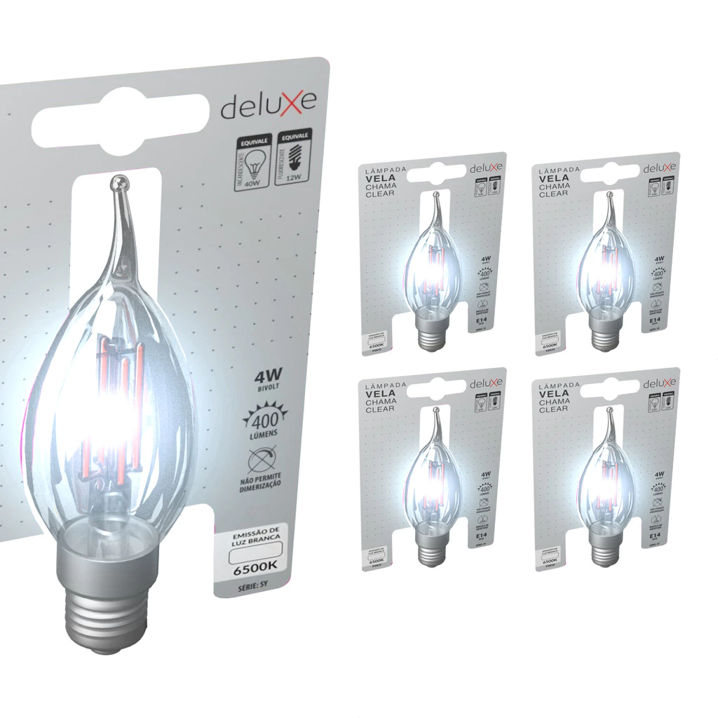 Kit 5 Lâmpada de Led Retro Vintage Vela Filamento Chama Clear 4W 6500K E14 Luz Branco Frio