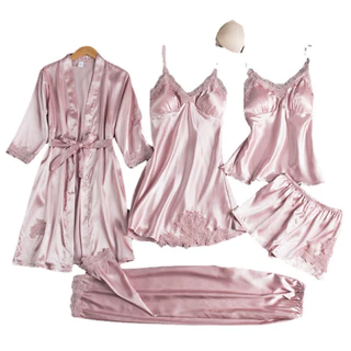 Conjunto De Pijama Feminino De Cetim De 5 Peças , Robe De Seda , Roupa De Dormir , Camisola De Renda , Vestido De , Deco em Oferta na Shopee