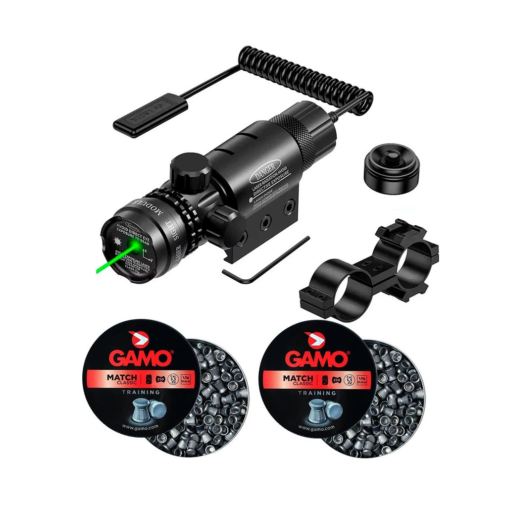 Kit Mira Laser Rossi Verde Tático e 02 Chumbinhos Gamo Match 5.5mm