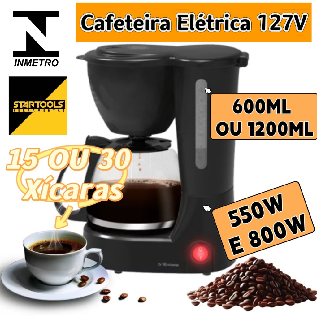 Cafeteira Eletrica 127V Preta 15 Ou 30 Xícaras Café 600ml ou 1200ml ...