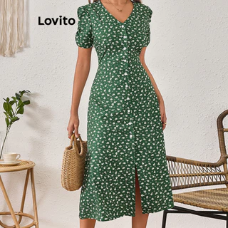 Lovito Vestido romântico Ditsy floral com botões para mulheres LBL15443