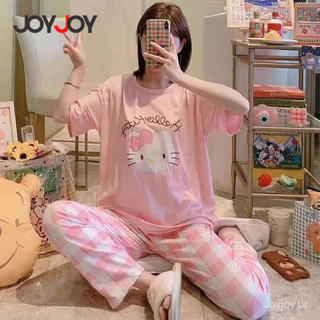 Joyjoy Conjunto Pijama Feminino Verão Fofo de Manga Curta com Calça Tamanho Grande – Desenho Animado Hello Kitty Snoopy em Oferta na Shopee