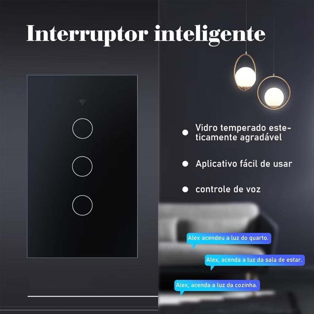 Tuya Smart Wi-Fi Switch 3 botões touch, celular, Alexa ou Google Home