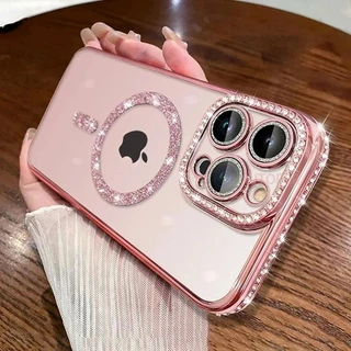 Luxo bling Lente De Cristal Filme Caso Para iphone 15 16 11 12 13 14 pro max 16 plus magsafe Magnético Carregamento Sem 
