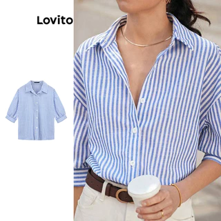 Lovito Blusa de Algodão com Botões de Listras e Colarinho para Mulheres L59ED052 (Multicolorido)