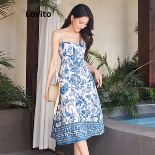 Lovito Vestido Boho Tribal Print Padrão Smocked para mulheres L91ED046