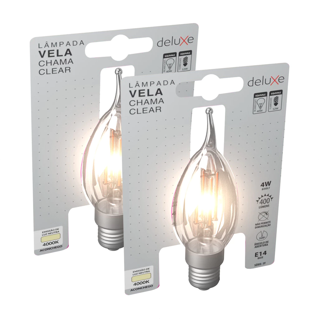 Kit 2 Lampadas Led Vela Filamento Chama Clear 4w 4000k Branco Neutro E14 110v/220v Cod: 351170876-2 Deluxe By Avant