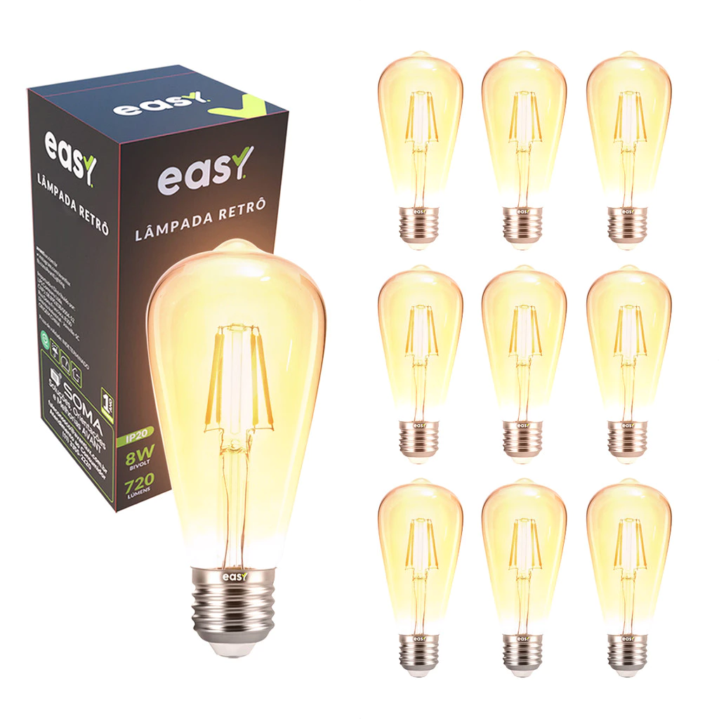 Kit 10 Lâmpadas de Led ST64 Retro Vintage Ambar 8w 2400k E27 Bivolt Easy Luz Quente