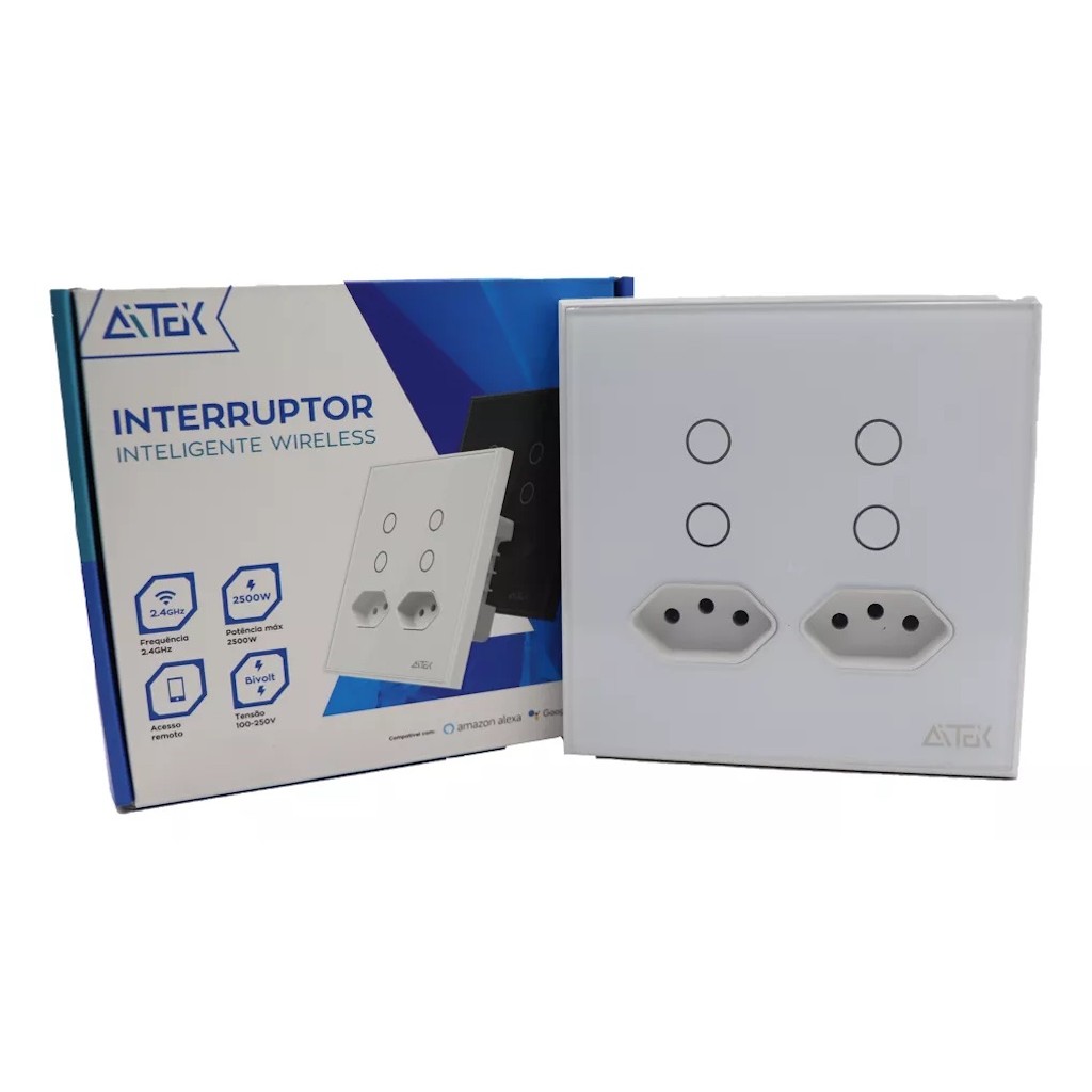 INTERRUPTOR WIFI TOUCH 4 TECLAS COM TOMADA MODELO 4X4 BRANCO APP