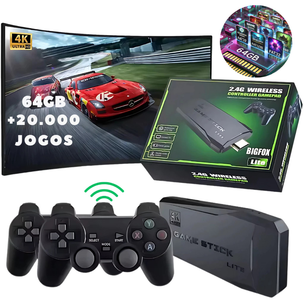 Videogame Stick 4K 64gb 2 Controles Sem Fio Console Portatil Jogos Retro Antigo