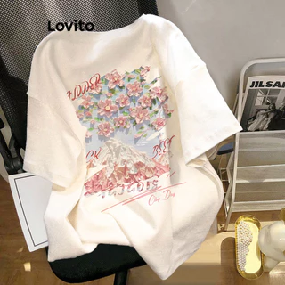 Lovito Fofo Camiseta Feminina com Estampa de Desenho LNA25064 (Branco/Rosa)