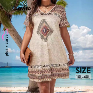 Lovito Vestido plus size casual com estampa tribal colorblock para mulheres LNL77066