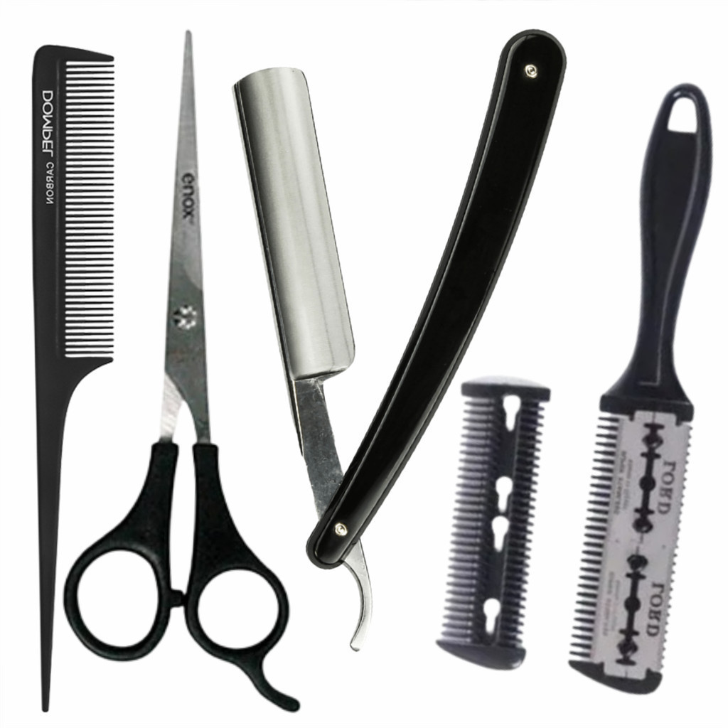 KIT CABELO E BARBA TESOURA, NAVALHA, PENTE FINO E PENTE APARADOR