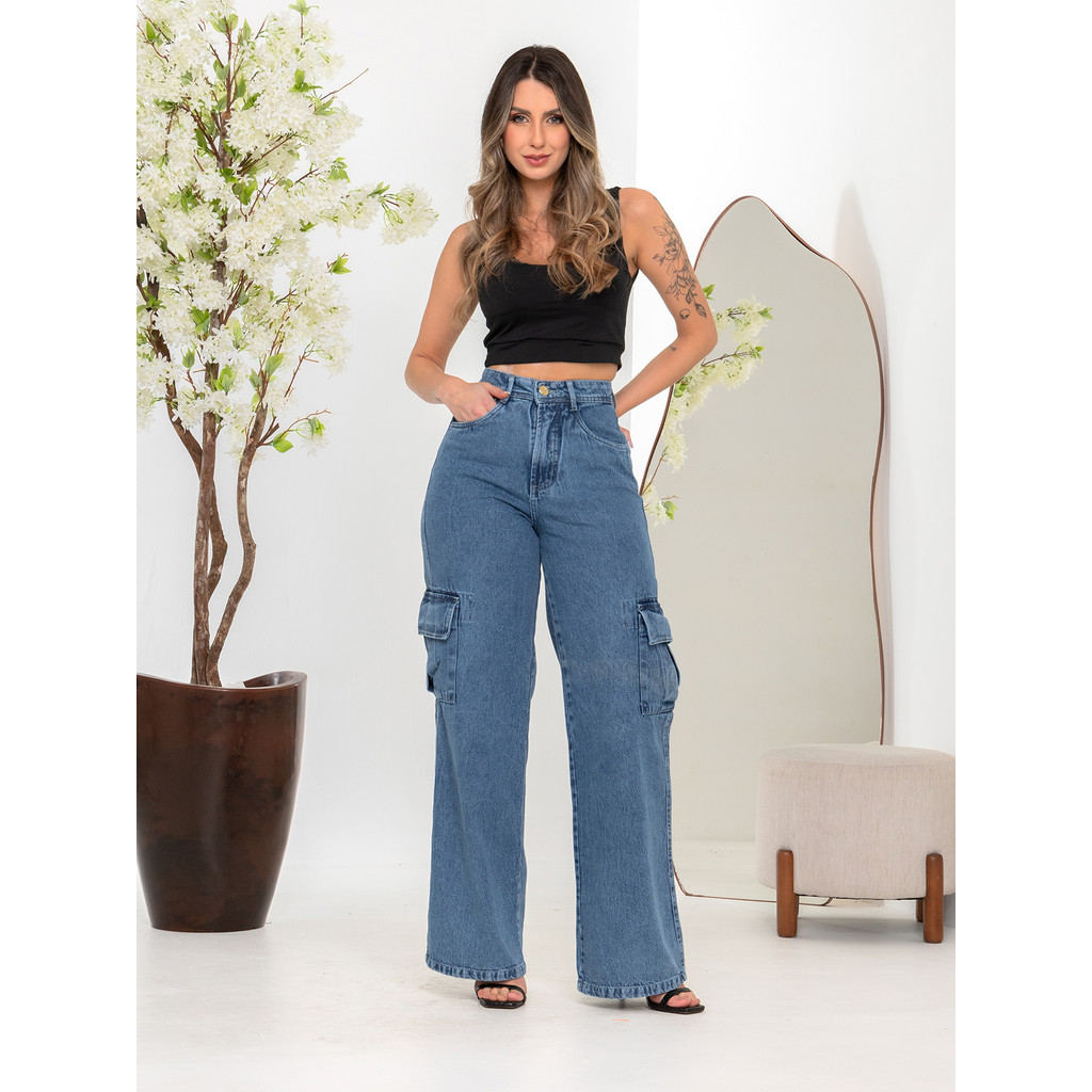 Calça Jeans Feminina Cargo Azul Marmorizada Pantalona | Shopee Brasil