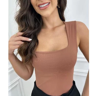 Body Feminino Regata Decote Quadrado em Suplex Premium Elegante Básico Casual Moda 2024.