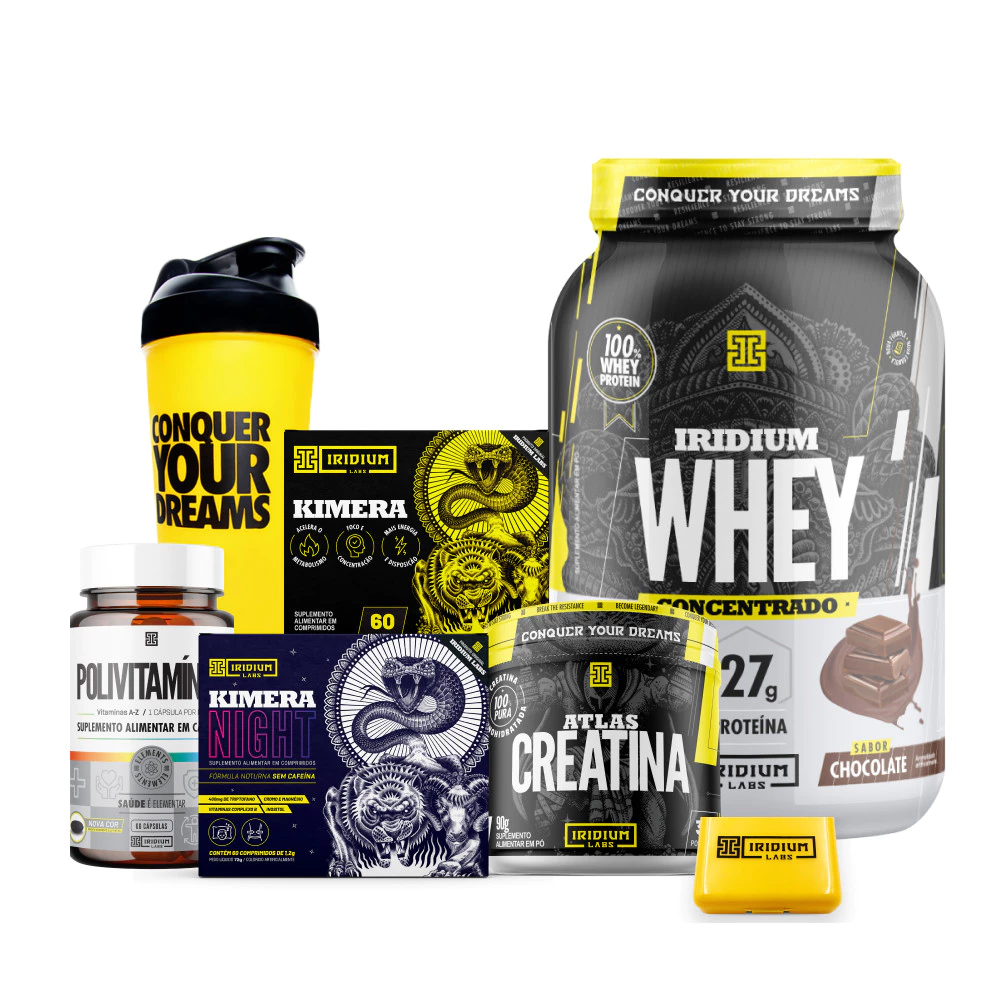 Kit Iridium Labs: Whey Protein, Creatina, Kimera, Polivitamínico + Shaker Completo