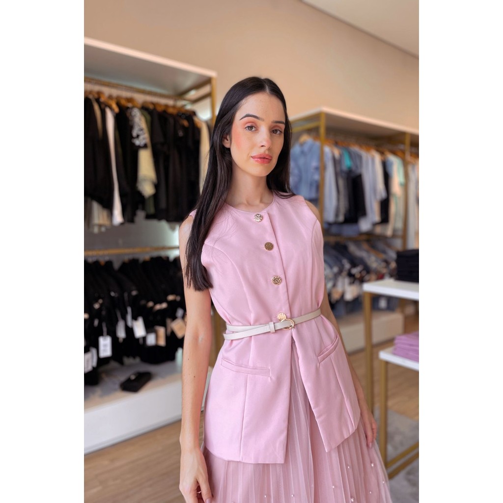 Colete Rosa com Botões em Dourado | Shopee Brasil