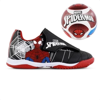 Kit Chuteira + Bola Infantil Futsal Dray Marvel Homem Aranha - Preto e Vermelho