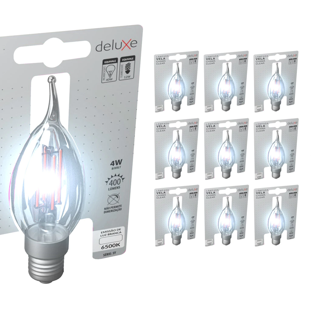 Kit 10 Lâmpada de Led Vela Chama Clear Filamento Retro Vintage 4W 6500K E14 Luz Branco Frio