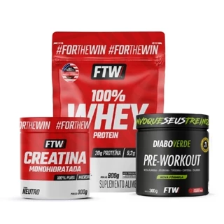 Kit 100%Whey Doce de leite 900gr refil+Pré treino Frutas Vermelhas 300gr+ Creatina 300gr pote FTW