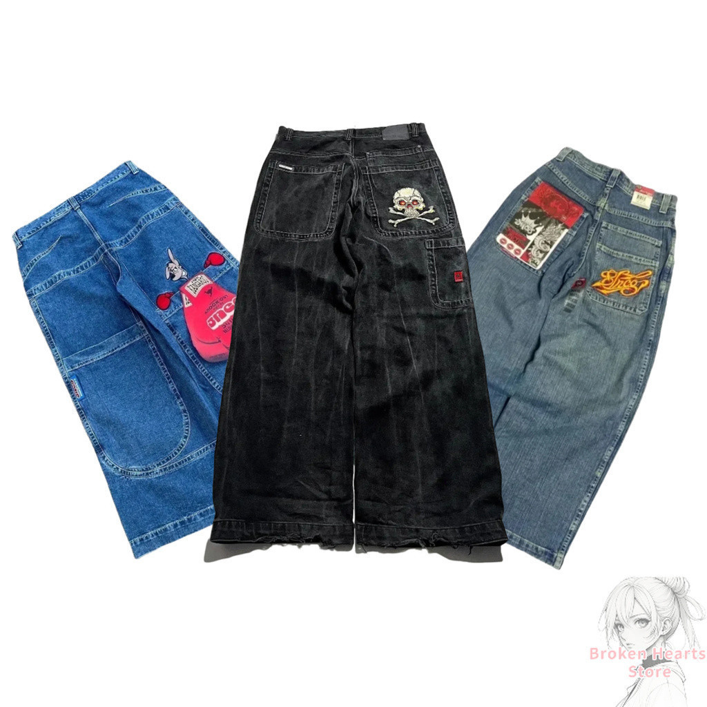 Harajuku Hip Hop Retro Crânio Gráfico Bordado JNCO Jeans Novo