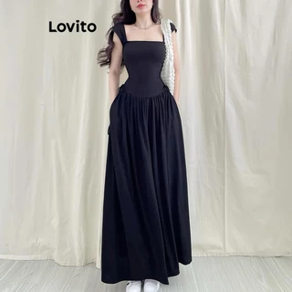 Lovito Vestido casual drapeado liso com babados para mulheres LNE68151