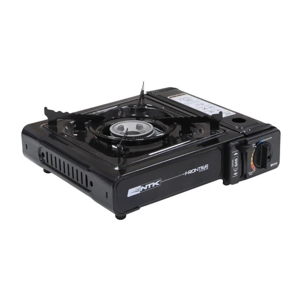 Fogareiro portátil preto com superfície de cozimento em inox