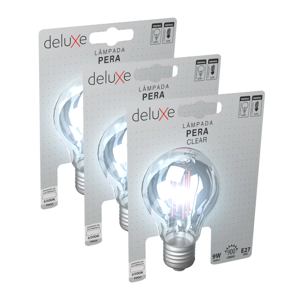Kit 3 Lampada Led Pera Filamento Clear 9W 6500K E27 Deluxe