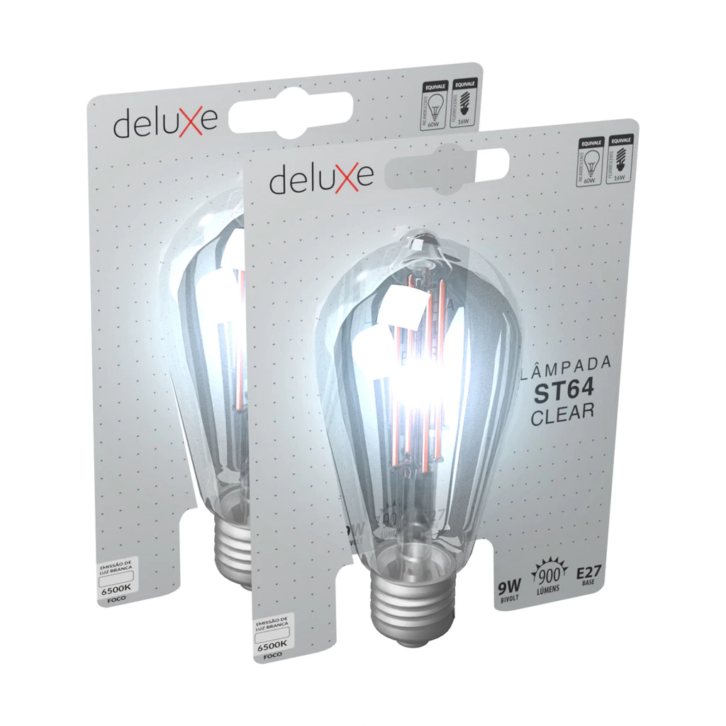 Kit 2 Lampadas Led ST64 Clear 9w 6500k Branco Frio E27 110v/220v Ip20 Cod: 352211370-2 Deluxe By Avant