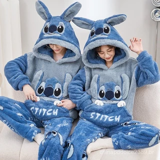 Pijama Stitch Casal Inverno Flanela Coral - Conjunto com Capuz e Meias Antiderrapantes em Oferta na Shopee