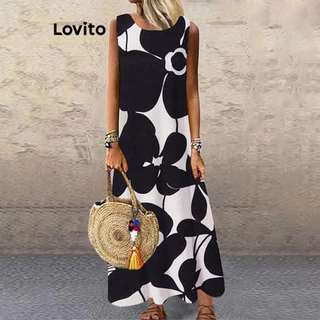 Lovito Vestido Boho Floral Redondo Geométrico para Mulheres LBL15381
