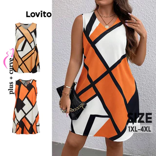 Lovito Vestido básico geométrico casual plus size para mulheres LBL15513(Multicolorido)