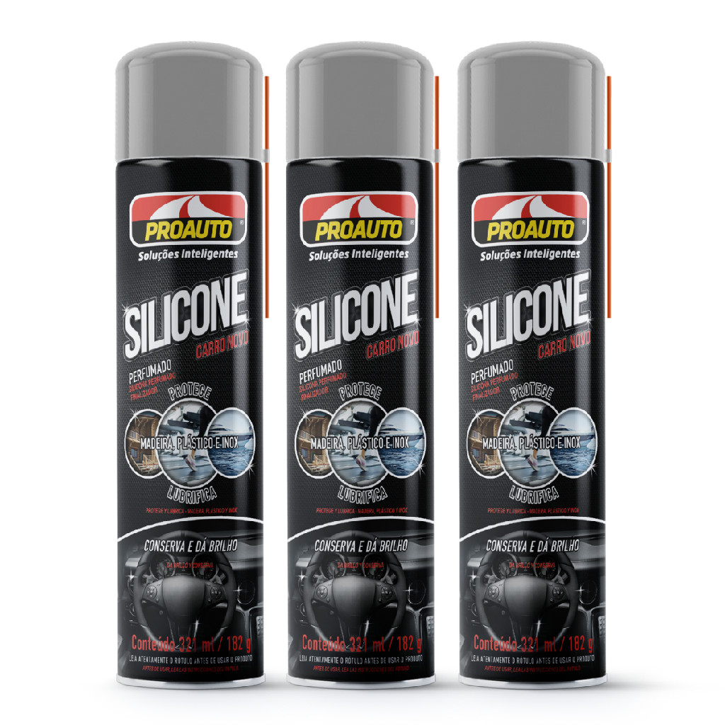 Kit C/3 Silicone Spray Carro Novo Protege Plástico Madeira Inox Carros Proauto 321ml