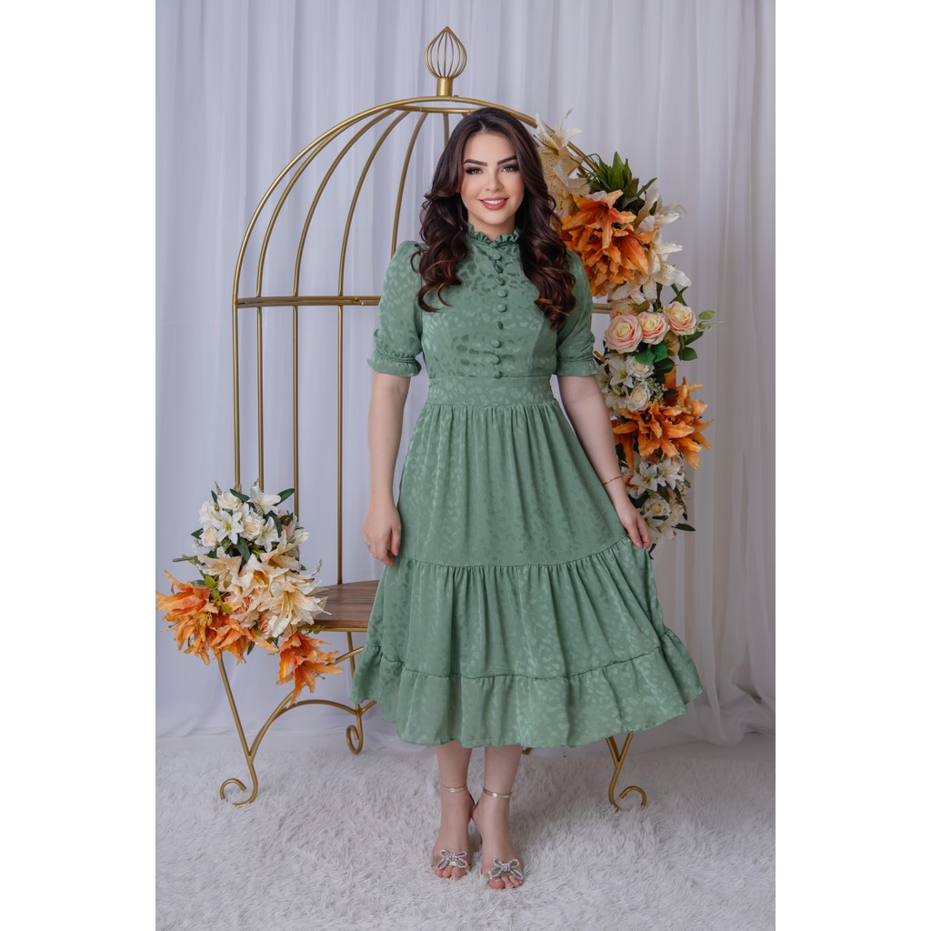 Vestido Festa Godê Com Babado Acenturado Com Gola E Botões