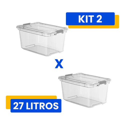 Kit 2 Caixas Organizadoras Com Tampa + Trava Transparente 27 Litros Super Resistente P/ Brinquedos Casa Cozinha