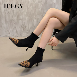 IELGY Emendado ​ Botas De Tornozelo Bico Fino Martin Femininas Camurça Zíper Leopardo Impressão Moda