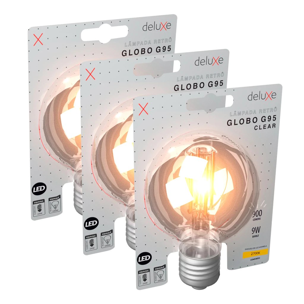 Kit 3 Lampadas Led Globo Retro Clear G125 9w 2700k Branco Quente E27 110v/220v Cod: 353250378-3 Deluxe By Avant