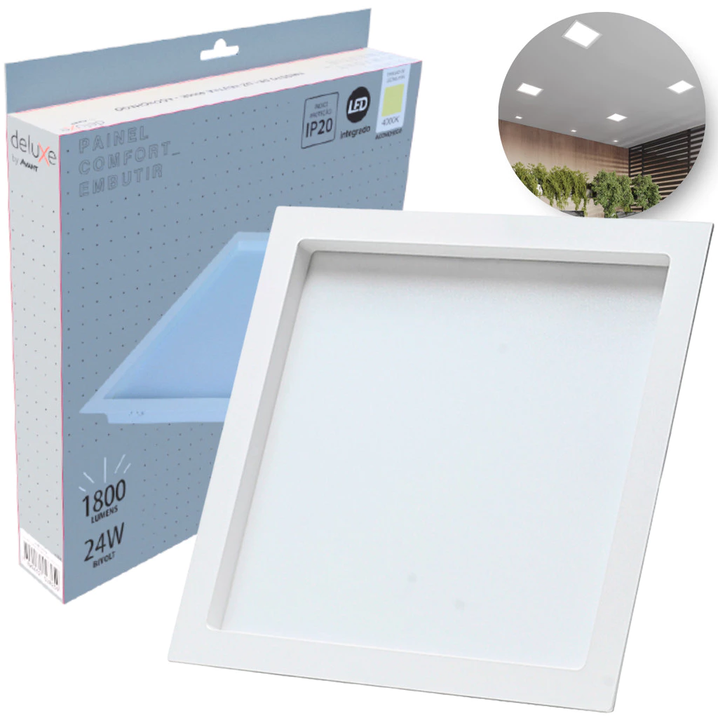 Painel Led Recuado 24w Quadrado 4000k Comfort Branco Neutro 26cm 110V/220V Bivolt Branco Fosco Cód: 908100875 - Deluxe