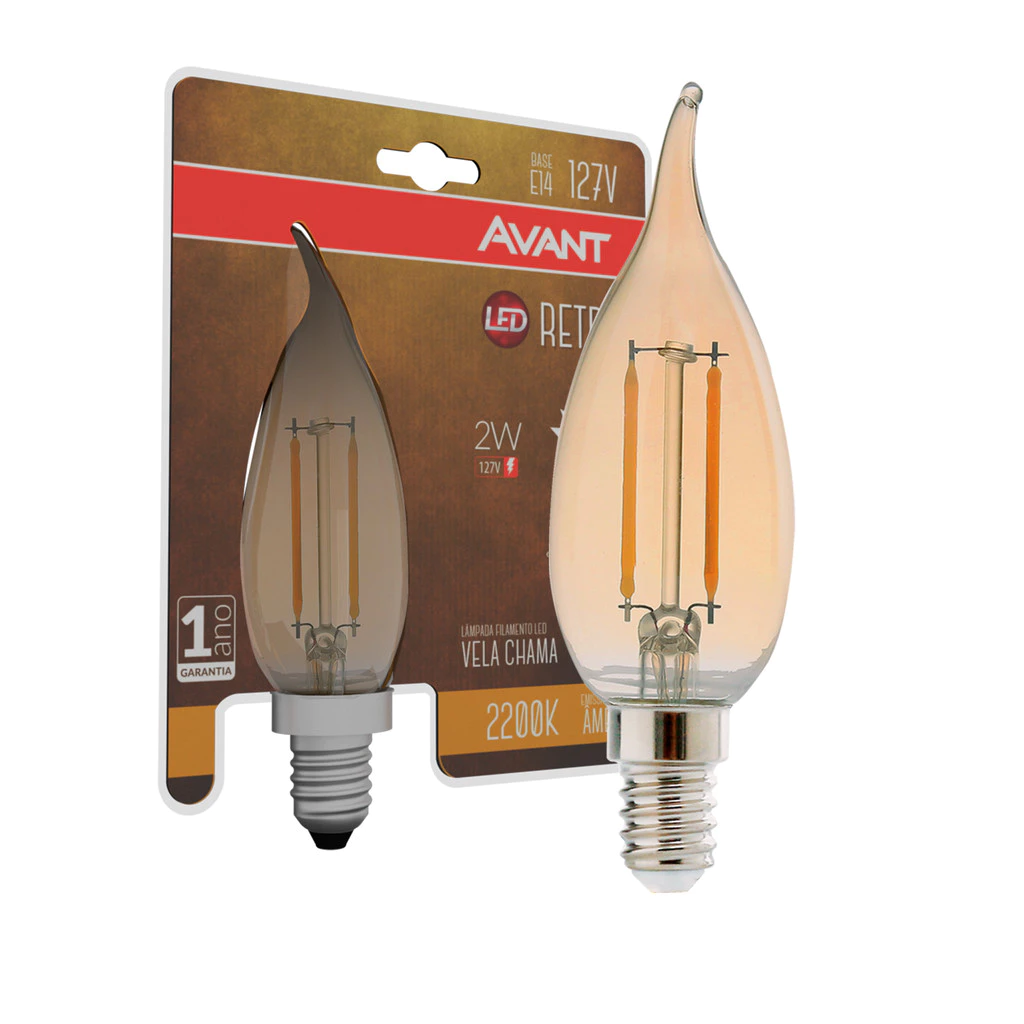 Lampada Led Vela Filamento Chama 2w 2200k Branco Quente E14 127v Ip20 Cod: 180090259 Avant