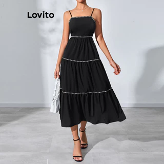 Lovito Vestido romântico simples em camadas contrastantes para mulheres LBL15440